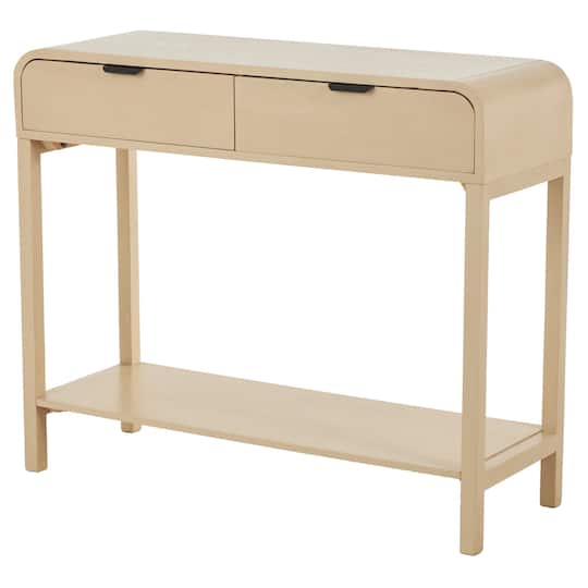 35.5" Beige Wood Handmade 2-Drawer Console Table with Black Handles